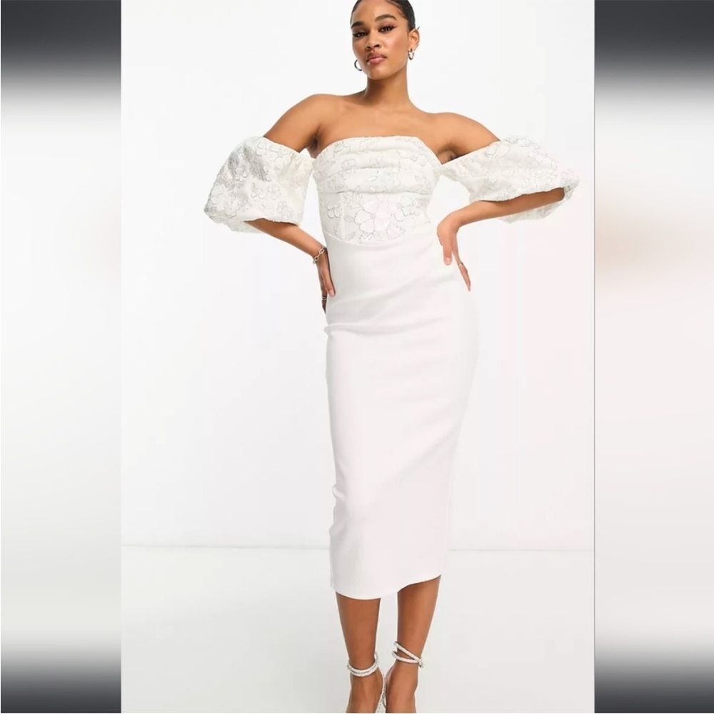 ASOS White Strapless Lace Off-Shoulder Midi Dress - Picture 4 of 8